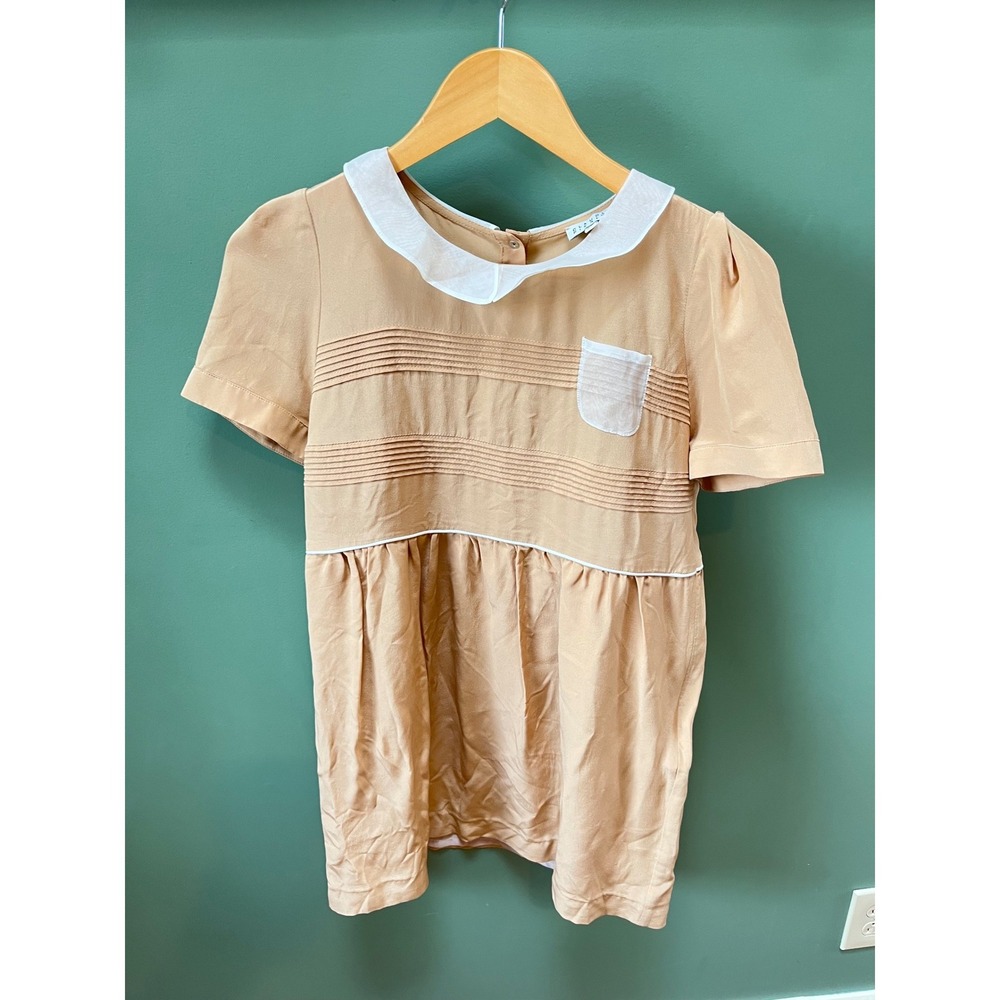 Claudie Pierlot Tan Peter Pan Collar Pintuck Silk Blend Mini Dress FR 36 US 6‎